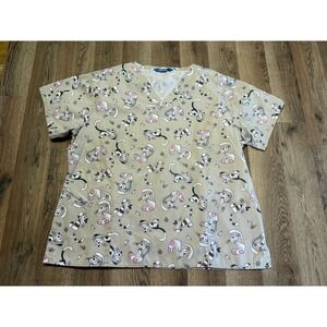 Scrub Wear Scrub Top Women XL Beige Cat Print Nurse Medical V-Neck Excellent